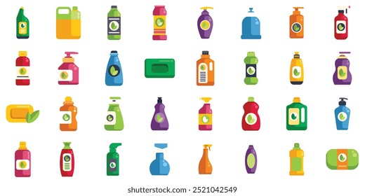 Different colored icons showing cleaning products with a leaf symbol, illustrating the concept of eco friendly detergents and soaps