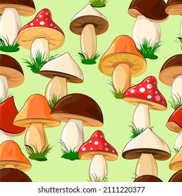 Different colored mushrooms in a cartoon style. Green seamless pattern. Vector.
