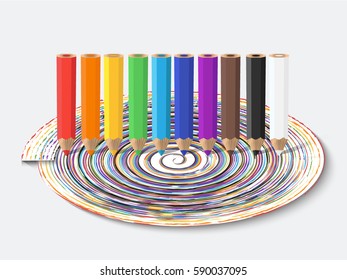 The different colored pencils placed on a helix. Vector illustration