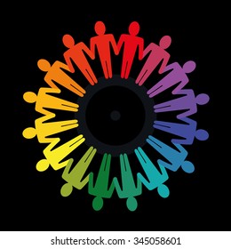 Different colored people holding hands to form a circle, diversity and teamwork concept.