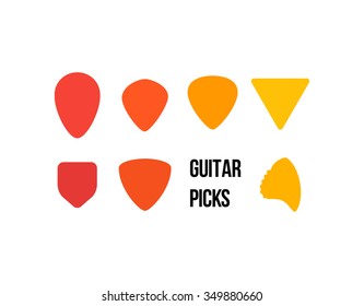 Different Colored Picks - Teardrop, Jazz, Classic, Equilateral Tringle, Pentagon, Large Triangle, Sharkfin - Isolated Illustration