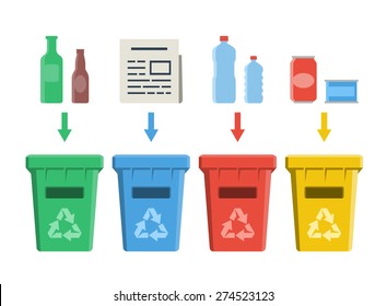 Different colored recycle bins, waste management concept