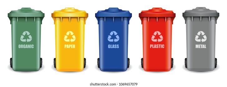 Different colored recycle waste bins. Waste types segregation recycling. Multicolored garbage containers for different types of waste: organic, paper, glass, plastic, metal. Vector illustration