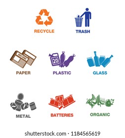 Different colored recycle waste bins vector illustration, Waste types segregation recycling vector illustration. Organic, batteries, metal plastic paper, glass.