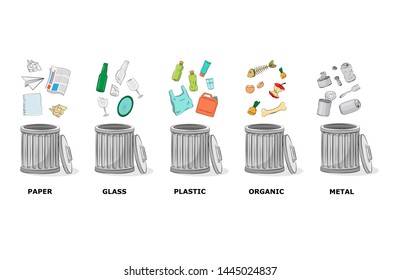 Different colored recycle waste bins. Organic, metal, plastic, paper, glass waste. Vector illustration