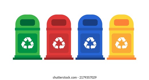 Different colored recycle waste bins vector illustration, Waste types segregation recycling.