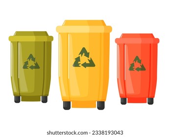 Different colored recycle waste bins. Waste types segregation recycling. Multicolored garbage containers for different types of waste.