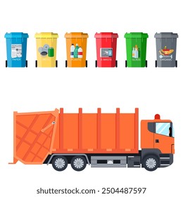 Different colored recycle waste bins and garbage truck vector illustration, Waste management concept Separation of waste on garbage cans. Sorting waste for recycling Vector illustration in flat design