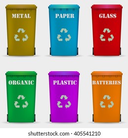 Different colored  recycle waste bins vector illustration, Waste types segregation recycling vector illustration. Organic, batteries, metal  plastic, paper, glass waste. Vector illustration