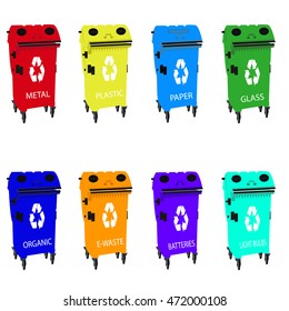 Different colored recycle waste bins, Waste types segregation recycling Organic, batteries, metal plastic, paper, glass, e-waste, light bulbs.