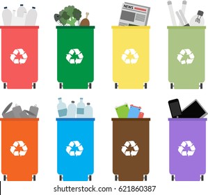 Different colored recycle waste bins vector illustration, Waste types segregation recycling vector illustration. Organic, batteries, metal plastic paper, glass, e-waste, light bulbs.