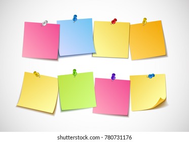 Different colored sheets of note papers collection. Curled corner and push pin. Template for your message. Vector illustration. Isolated on white background.