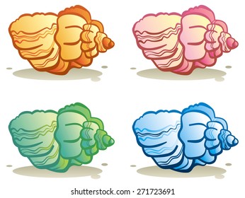 Different colored shells on a white background