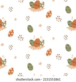 Different colored spotted bird or dinosaur eggs in the nest. Easter egg icon. Flat vector illustration for greating card, nursery poster, banner. Dino birthday party. Seamless pattern