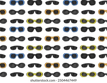 different colored summer sunglasses seamless pattern on white background, doodle style blue, yellow colors texture for wrapping paper, textile print, package design
