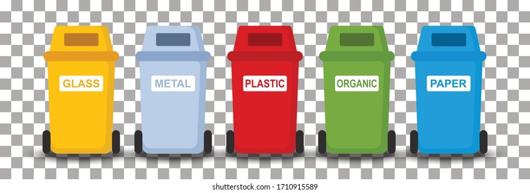Different colored trash cans with paper, plastic, glass and organic waste suitable for recycling. Segregate waste, sorting garbage, waste management. White background. Vector illustration 