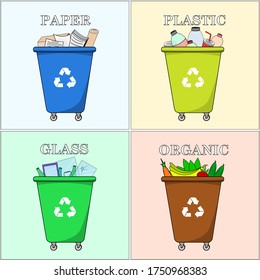 Residuos de basura de diferentes colores con papel, plástico, vidrio y desechos orgánicos adecuados para el reciclado. Segregar residuos, clasificar basura, gestionar residuos. Ilustración vectorial, plana.