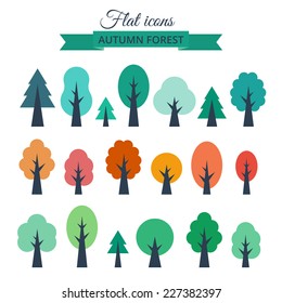 Different colored trees in flat design. Vector set isolated on white background