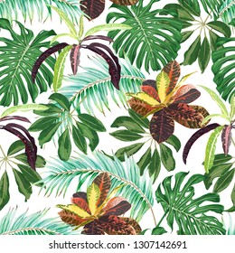 Different colored tropical leaves. Seamless vector pattern.