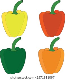  different colored and different types of sweet bell peppers (capsicum) and Fresh chili pepper vector set on white background