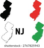 Different colored versions of the new jersey state outline map with nj text in center Vector