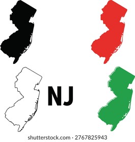 Different colored versions of the new jersey state outline map with nj text in center Vector