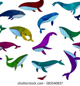 Different colored whales swim freely. Seamless pattern