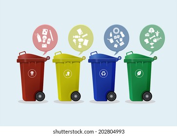 Different Colored wheelie bins set with waste icon, illustration of waste management concept
