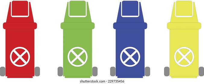 Different Colored wheelie bins set with waste