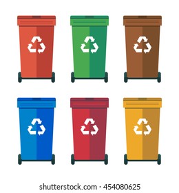 Different Colored wheelie bins, trash bins, sorting garbage vector flat illustration