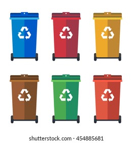 Different Colored wheelie bins, trash bins, sorting garbage vector flat illustration