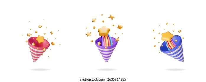 Different colorful 3D party poppers with stars and confetti. Festive celebration elements for birthday, event, or holiday.