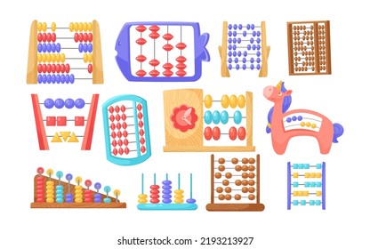 Different colorful abacus for kids vector illustrations set. Toys or objects for math classes in kindergarten or mind development, ancient Chinese calculator. Education, counting, mathematics