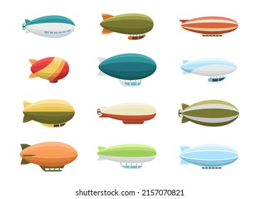 Different colorful airships vector illustrations set. Collection of retro zeppelins or dirigibles, passenger air ships isolated on white background. Transportation, tourism, aviation industry concept