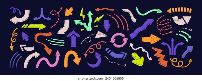 Different colorful arrows set. Various pointers symbols: divergence, dot line, twisted, cursor, loop. Geometric shapes for pointing direction. Swap, up, down signs. Flat isolated vector illustration