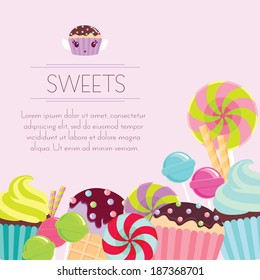 Different colorful background with sweets. Space for text message. Vector illustration.