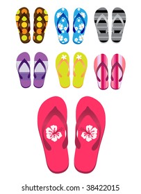 Different colorful Beach flip flops. Vector.