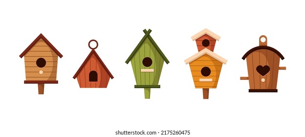Different colorful birdhouses vector illustrations set. Hobby for children, cute houses or homes for birds on trees with holes of heart or circle shapes on white background. Nature, carpentry concept
