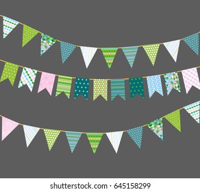 Different colorful bunting for decoration of invitations, greeting cards etc, bunting flags with colorful patterns, vector eps10 illustration