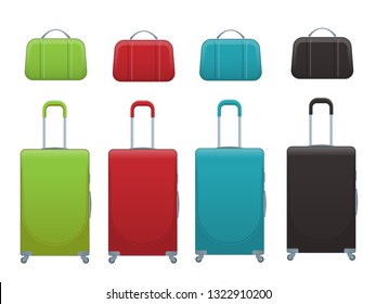 Different colorful Business and family vacation travel luggage bag, handbag baggage modern. Set of suitcases and backpacks isolated on white.