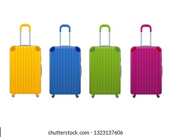 Different colorful Business and family vacation travel luggage bag, handbag baggage modern. Set of suitcases and backpacks isolated on white.