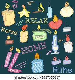 Different colorful candles in vector. Hand painted doodle