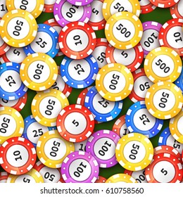 A lot of different colorful casino chips on green cloth, seamless pattern