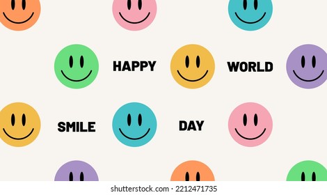 Different colorful characters. Seamless pattern with a smiling face. Happy world smile day banner. Emoji background. Smile icon. For postcard, poster, Flat design. Trendy Vector illustration.