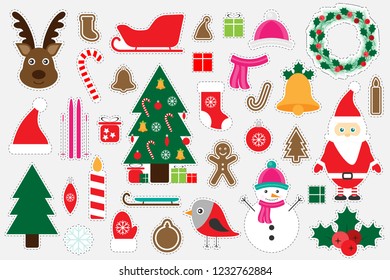 Different colorful christmas pictures for children, fun education game for kids, preschool activity, set of stickers, vector illustration