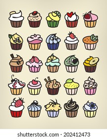 different colorful cupcakes, vector illustration