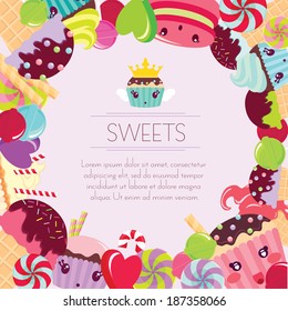 Different colorful cute sweets background. Circle inside with free space for text message. Vector illustration.