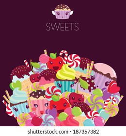 Different colorful cute sweets on dark background. Vector illustration.