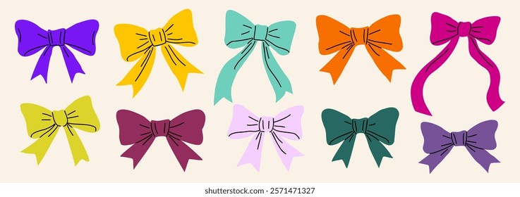 Different colorful decorative ribbon bows set. Holiday sign collection. Ribbon symbol, accessory logo, cut files. Vector flat illustrations isolated on white background.