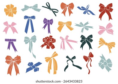 Different colorful decorative ribbon bows bundle. Holiday sign collection. Ribbon symbol, accessory logo, cut files. Vector outline illustrations isolated on white background.